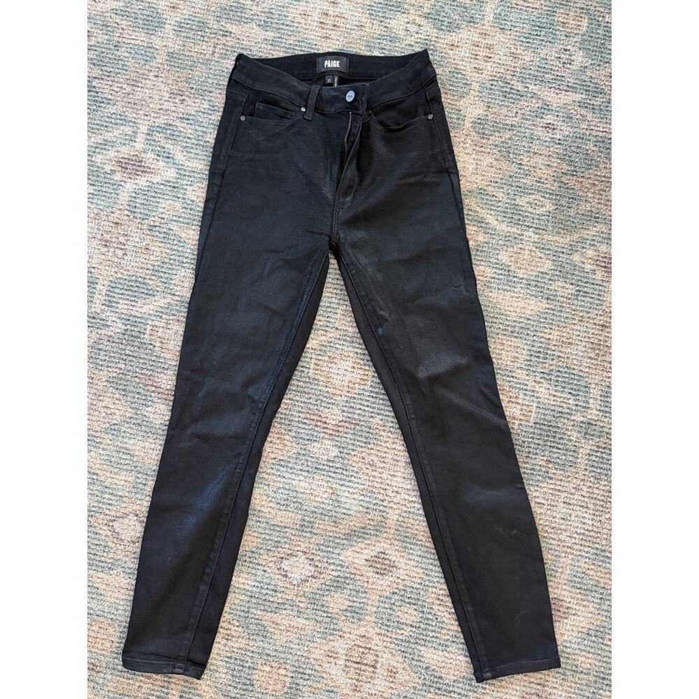 PAIGE Black Coated Skinny Jeans Womens Size 27 Mid Rise Stretch Waxed Denim